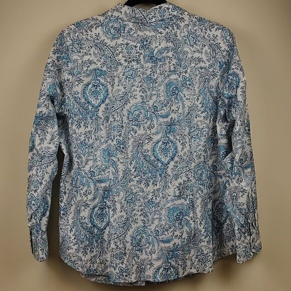 Talbot's Plus Size Non Iron Button Front Blouse Top Blue Paisley Size 18WP - Picture 7 of 10